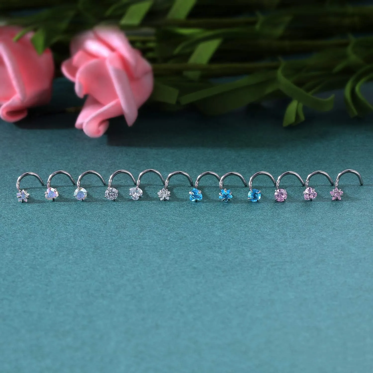 ZS 9-12PCS 20g Surgical Stainless Steel Nose Stud Ring Piercing Nose Bone/L Shaped/Nose Screws Rings Set