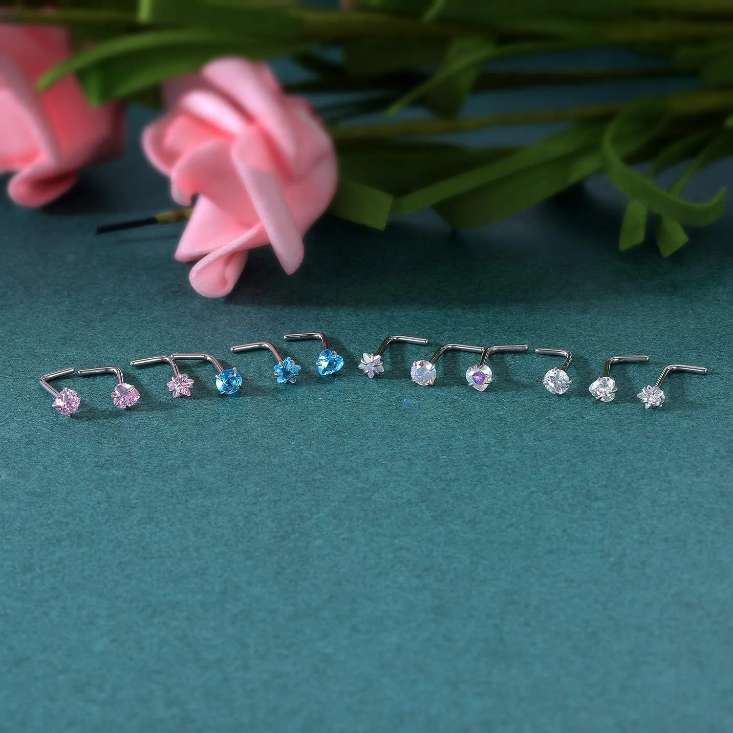 ZS 9-12PCS 20g Surgical Stainless Steel Nose Stud Ring Piercing Nose Bone/L Shaped/Nose Screws Rings Set