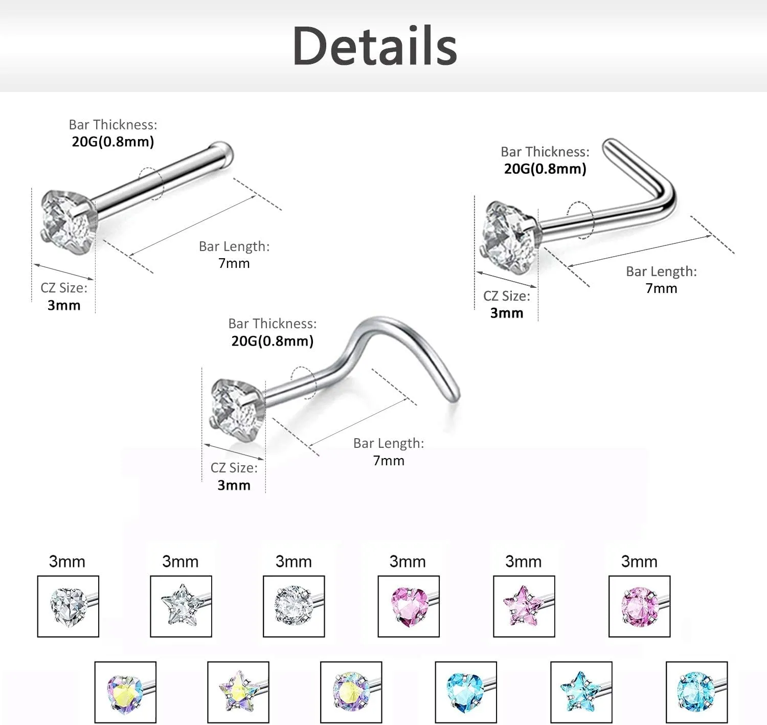 ZS 9-12PCS 20g Surgical Stainless Steel Nose Stud Ring Piercing Nose Bone/L Shaped/Nose Screws Rings Set