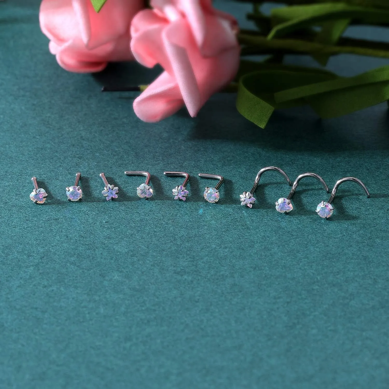 ZS 9-12PCS 20g Surgical Stainless Steel Nose Stud Ring Piercing Nose Bone/L Shaped/Nose Screws Rings Set