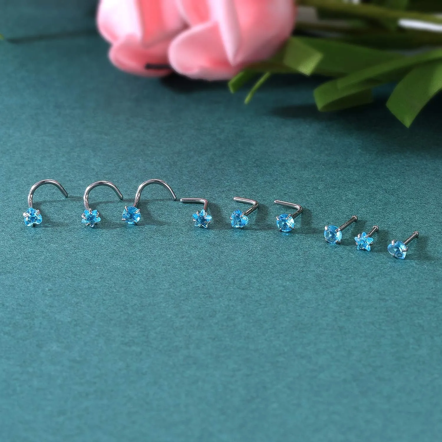 ZS 9-12PCS 20g Surgical Stainless Steel Nose Stud Ring Piercing Nose Bone/L Shaped/Nose Screws Rings Set