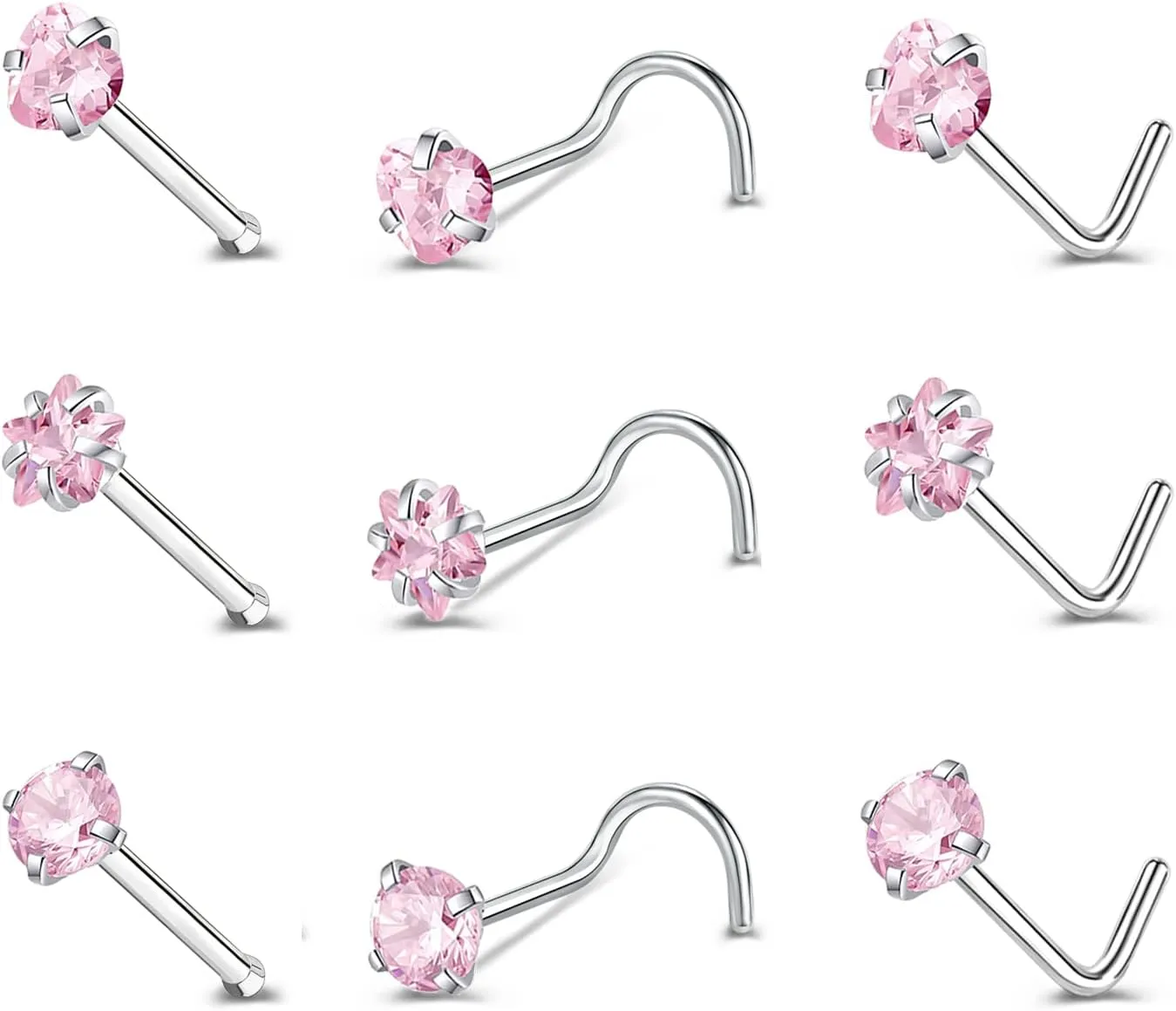 ZS 9-12PCS 20g Surgical Stainless Steel Nose Stud Ring Piercing Nose Bone/L Shaped/Nose Screws Rings Set