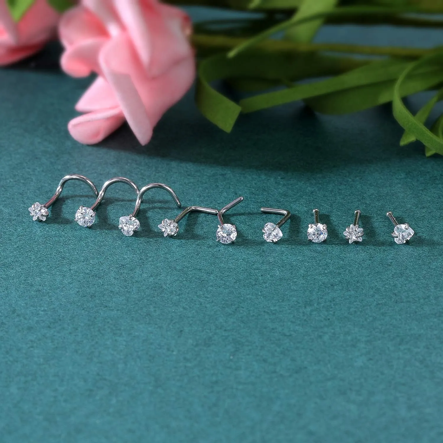 ZS 9-12PCS 20g Surgical Stainless Steel Nose Stud Ring Piercing Nose Bone/L Shaped/Nose Screws Rings Set