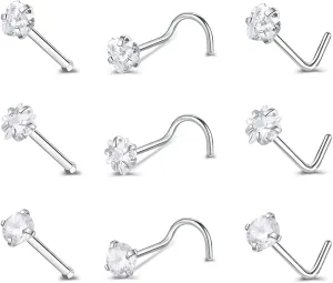 ZS 9-12PCS 20g Surgical Stainless Steel Nose Stud Ring Piercing Nose Bone/L Shaped/Nose Screws Rings Set
