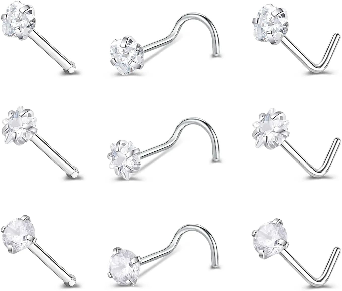 ZS 9-12PCS 20g Surgical Stainless Steel Nose Stud Ring Piercing Nose Bone/L Shaped/Nose Screws Rings Set