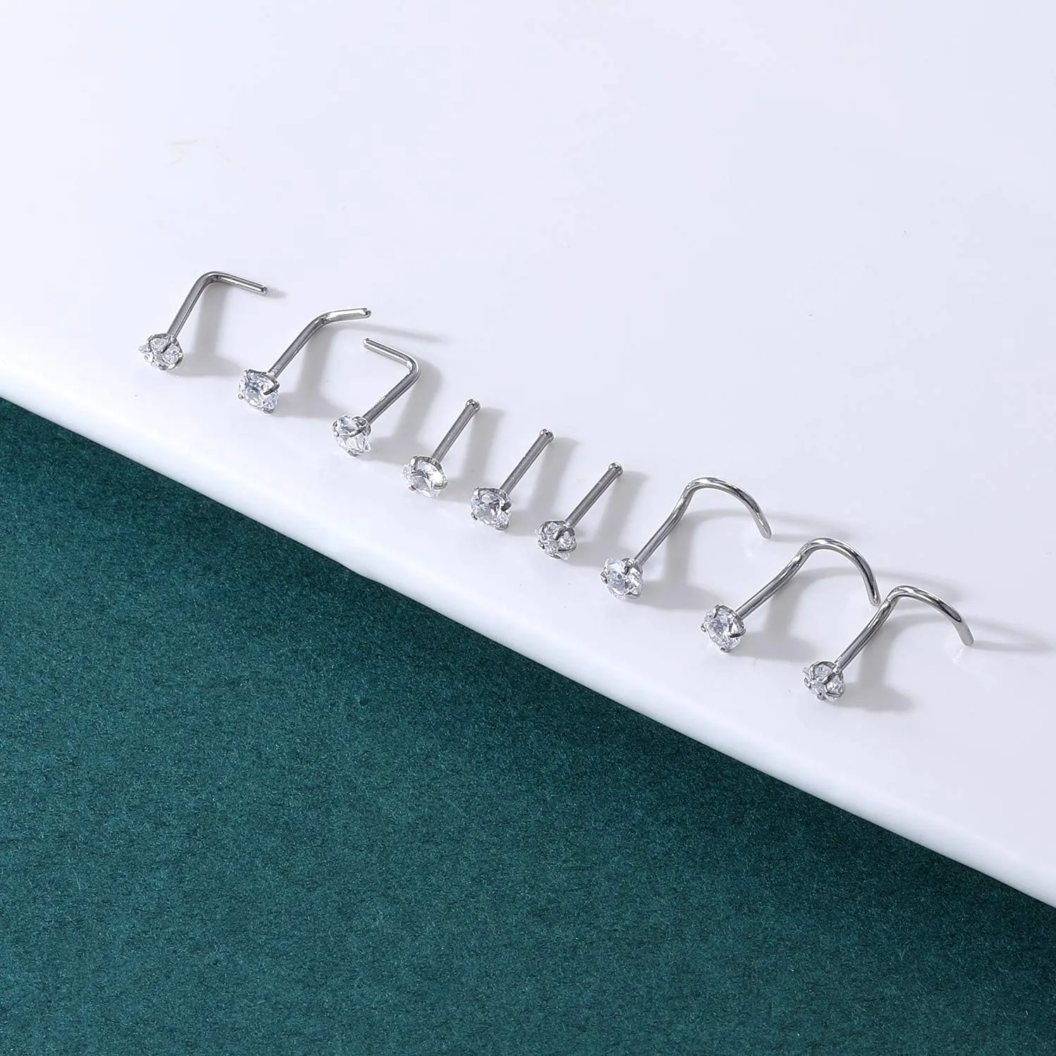 ZS 9-12PCS 20g Surgical Stainless Steel Nose Stud Ring Piercing Nose Bone/L Shaped/Nose Screws Rings Set