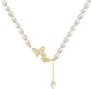 ZUT Butterfly Pearl Choker Necklace for Women - 18K Gold Plated, Adjustable, 38 cm Length, with Imitation Pearls and Zircon Stones - Jewelry for Anniversary, Wedding, Gift