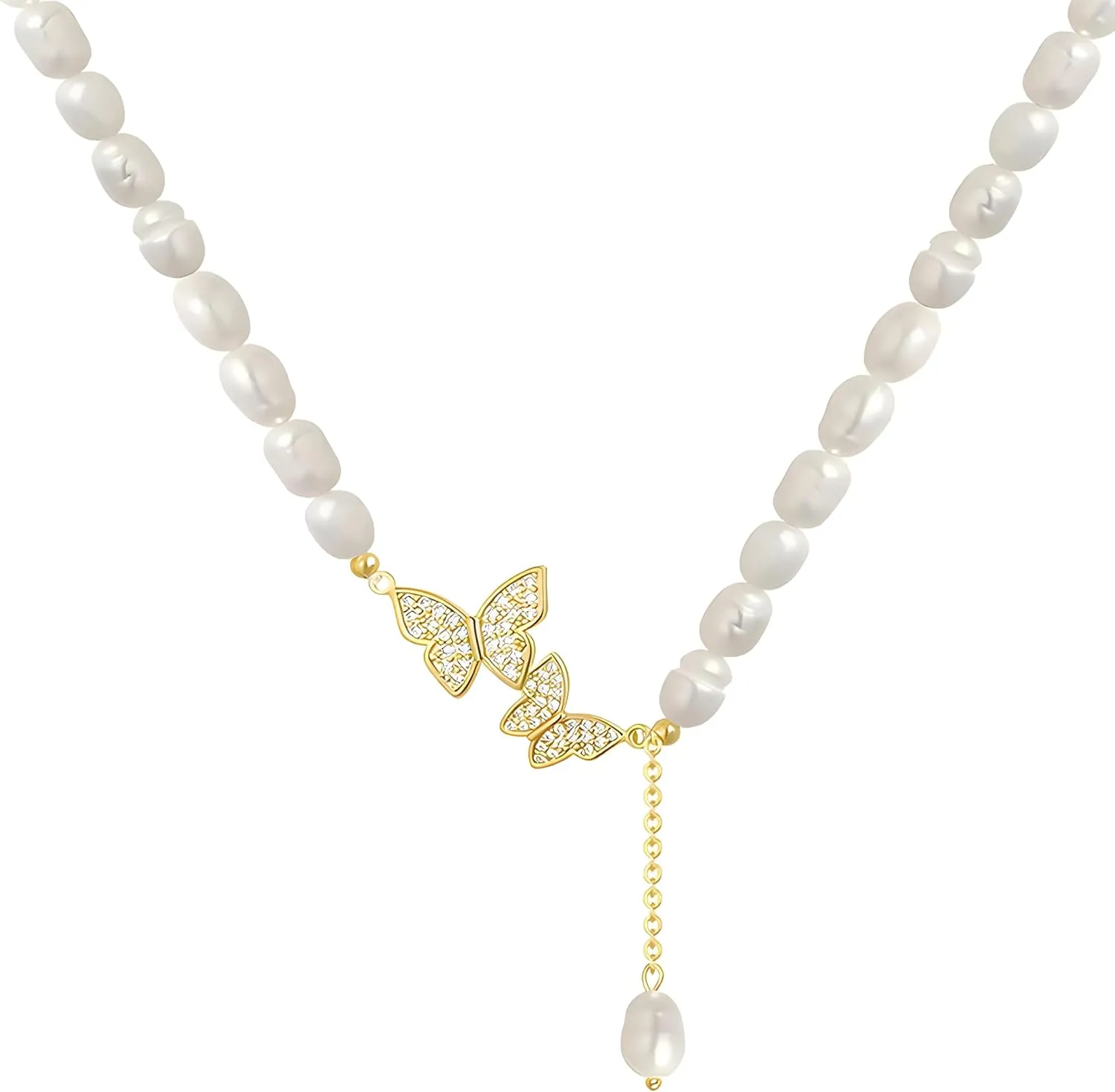 ZUT Butterfly Pearl Choker Necklace for Women - 18K Gold Plated, Adjustable, 38 cm Length, with Imitation Pearls and Zircon Stones - Jewelry for Anniversary, Wedding, Gift