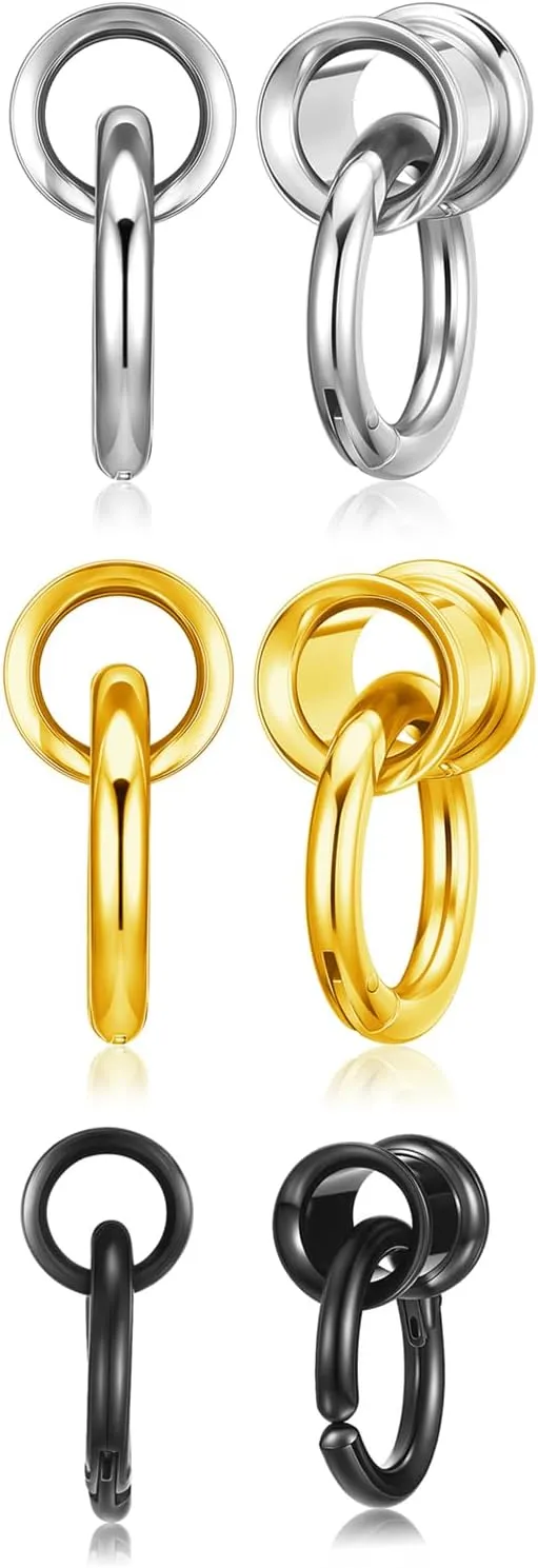 Zysta 3 pairs Ear Gauges with Rings Hypoallergenic Rings Ear Weight Plugs Tunnels Stainless Steel Ear Stretchers Expander Hoops Dangle Gauges Body Piercing Jewelry 0G 00G 1/2" 9/16"